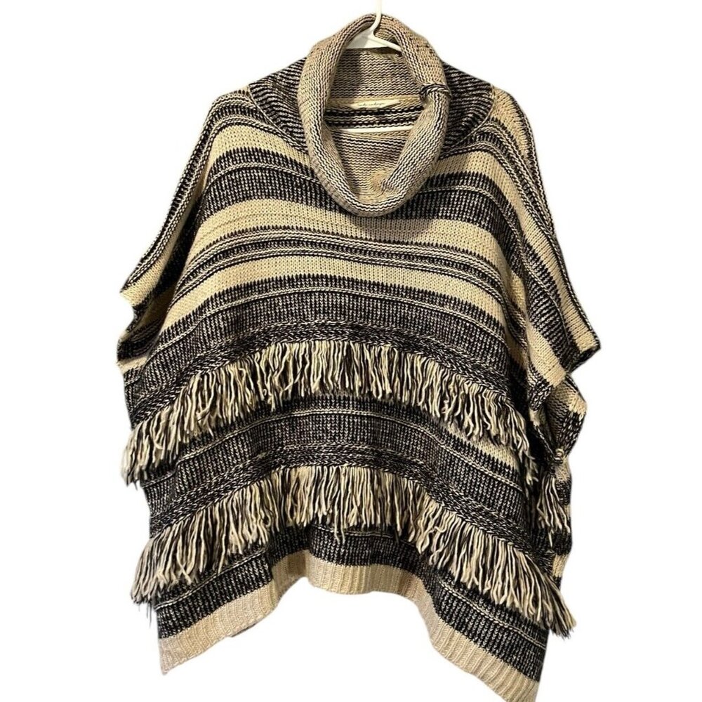 Linda Anderson Poncho Women's OS Striped Fringe Sweater Boho Western Aztec - Picture 1 of 10